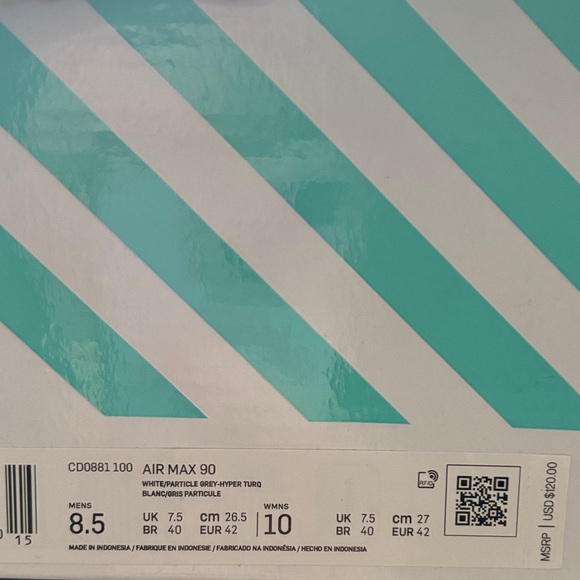 Nike Air Max 90 Sneakers in White Particle Grey & Hyper Turquoise GUC - Picture 9 of 9